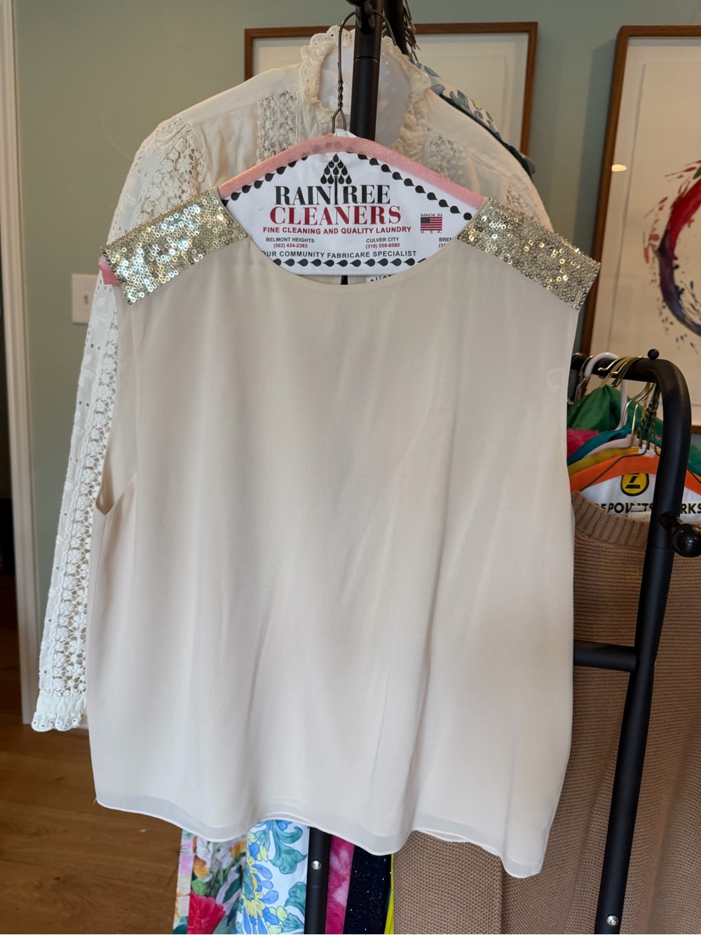 Alice + Olivia Cream Sleeveless Top with Sequin-Trim Shoulders